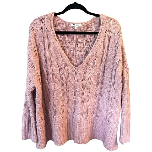 Women's Pink Oversized Cable Knit V Neck Pullover Sweater Sz M/L Balletcore - Picture 5 of 5